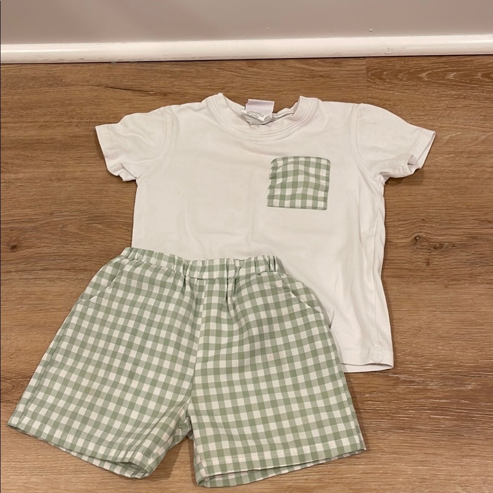 White Tee with Green Gingham Pocket and Shorts